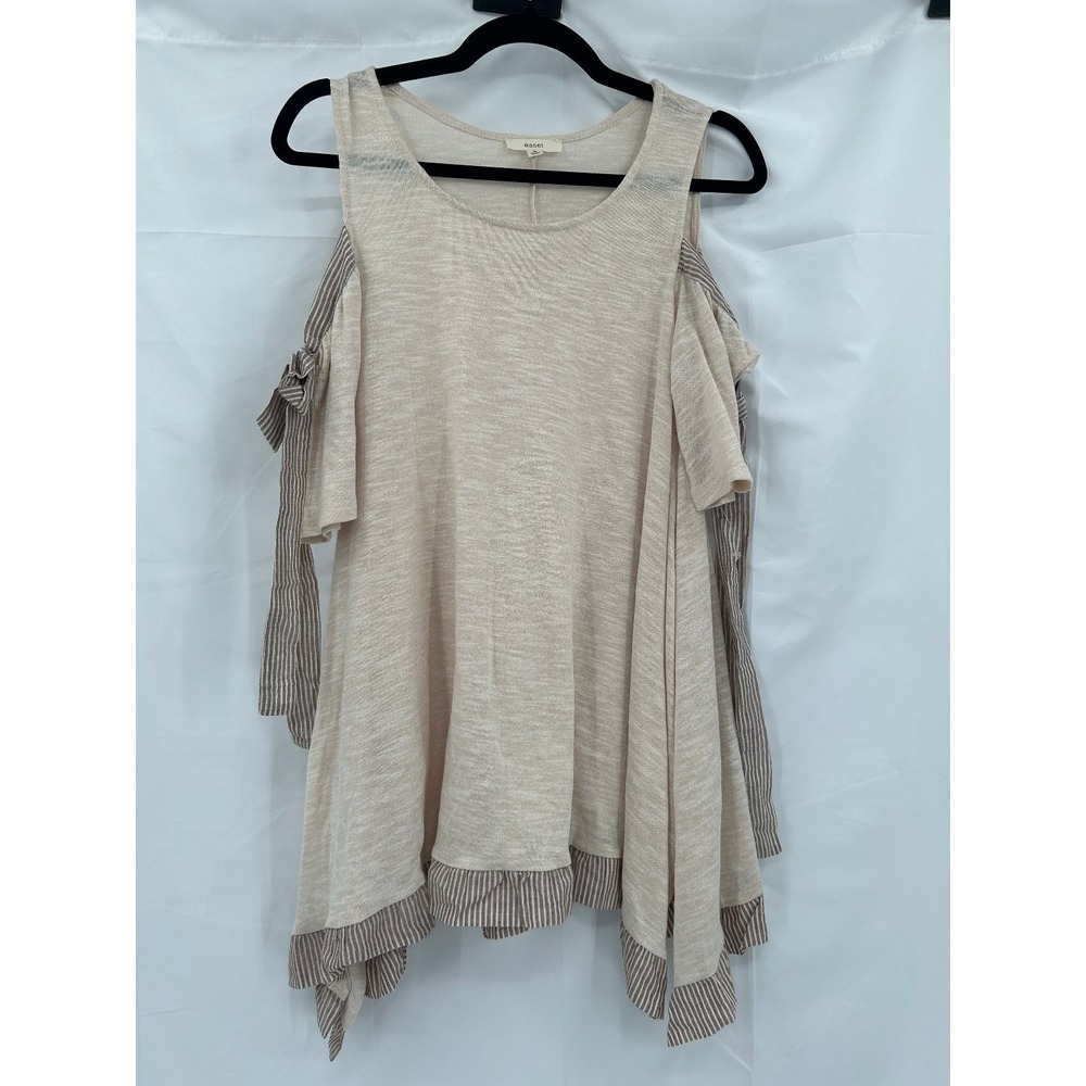 Easel Women's Top Beige Brown‎ Stripe S Cold Shoulder Tie Asymmetrical Cotton